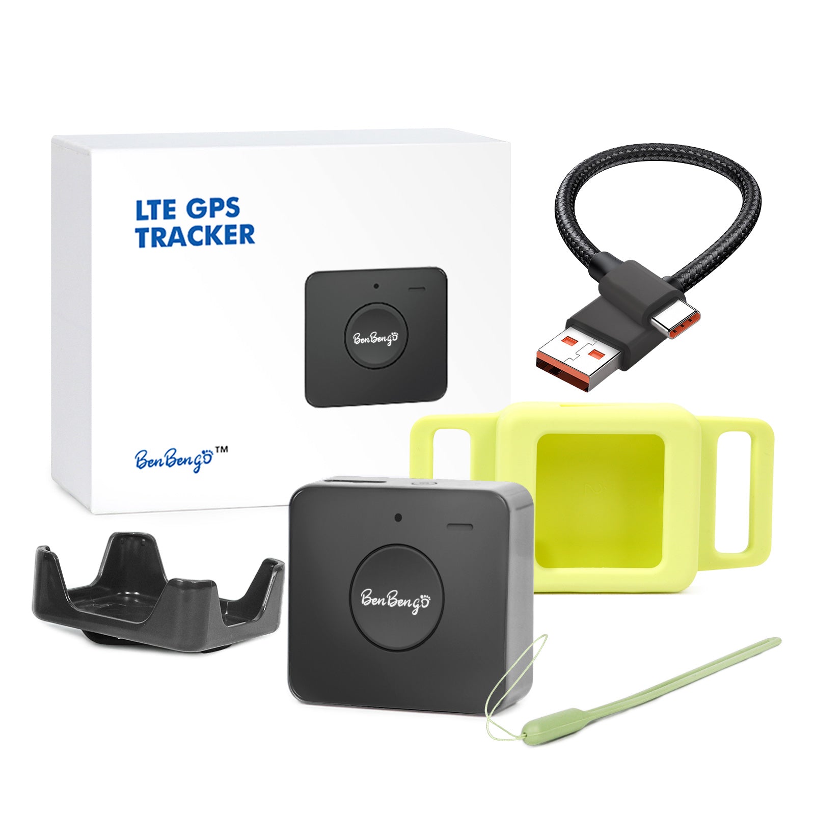 Benbengo GPS tracker package contents displayed outside the box, featuring the tracker, strap, charging USB cable, mounting clip, and silicone mount for a dog collar.